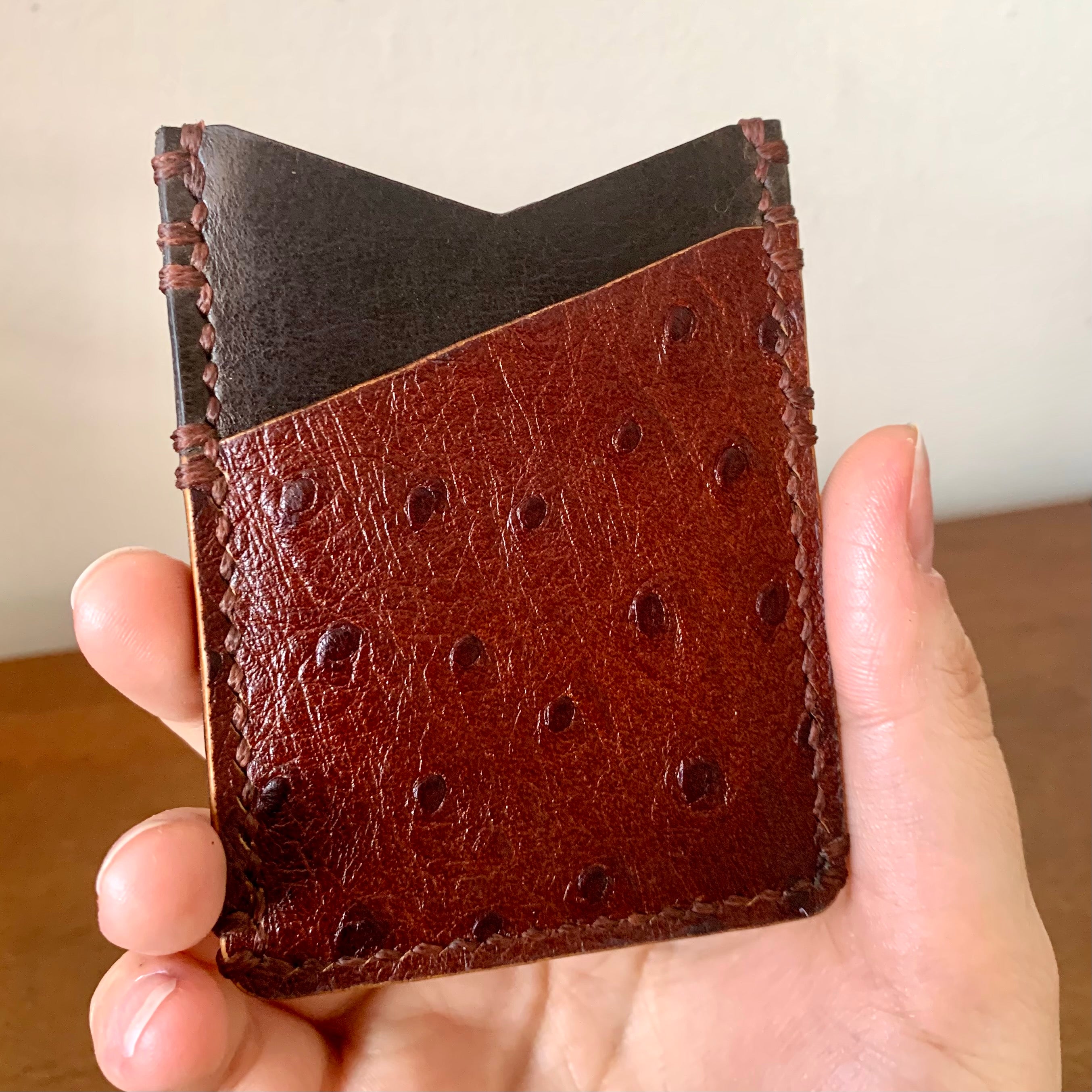 Card Holder Leather Ostrich Brown